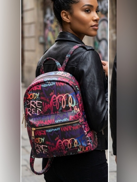Calessa Handbags - Purple and Red Urban Backpack with Graffiti Design